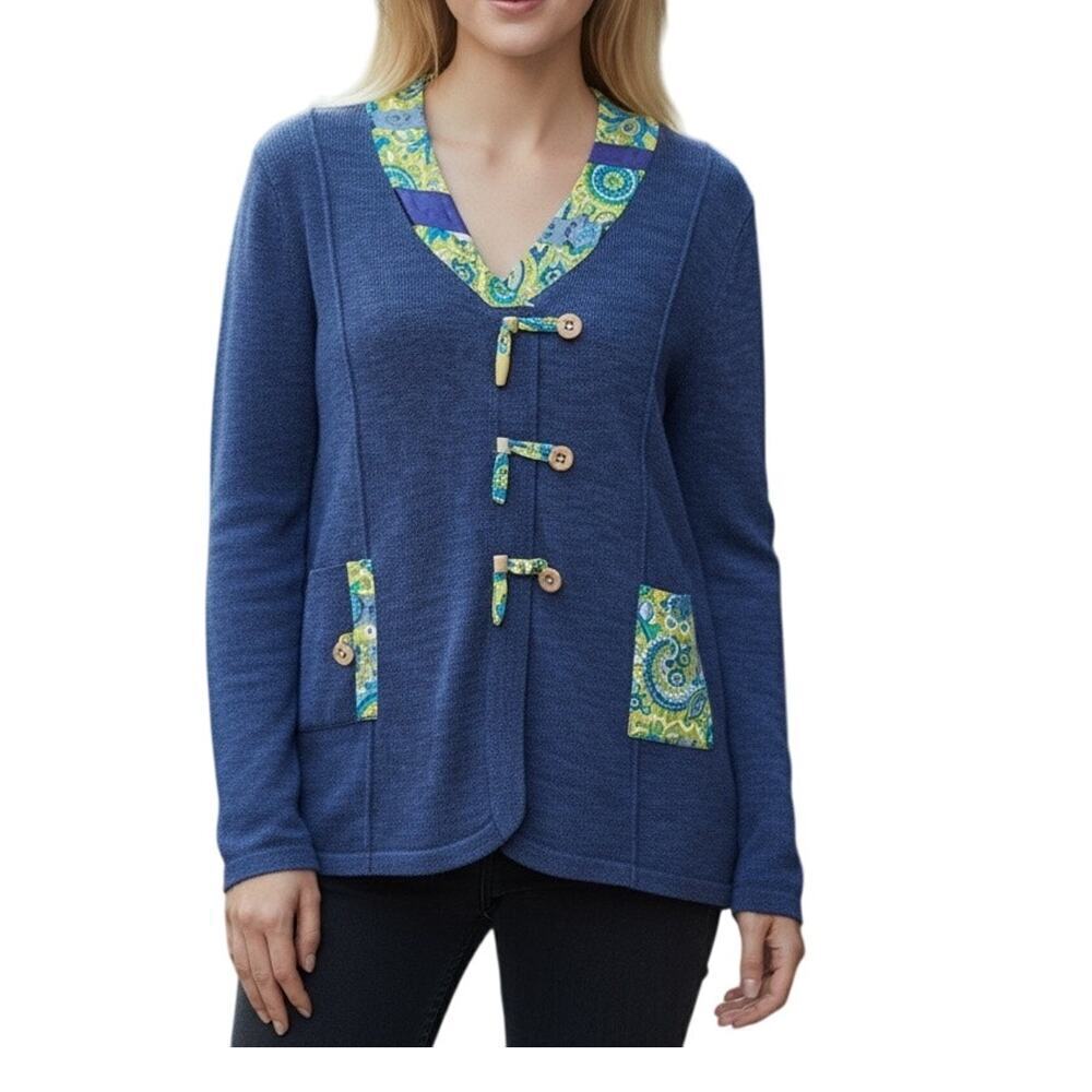 Icelandic Design Knit Cardigan Floral Trim Small Boho Vintage Coastal Grandma